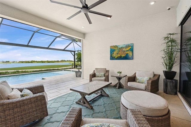 3968 Santa Caterina Blvd, Bradenton, FL 34211 - view of patio featuring ceiling fan, a water view, an outdoor pool, and glass enclosure