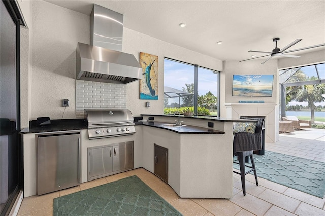 3968 Santa Caterina Blvd, Bradenton, FL 34211 - view of patio with area for grilling, a ceiling fan, and glass enclosure