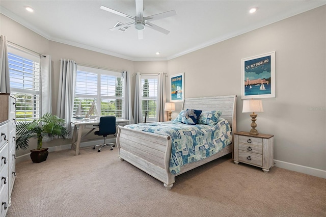 3968 Santa Caterina Blvd, Bradenton, FL 34211 - bedroom with multiple windows, light colored carpet, crown molding, recessed lighting, and an office area