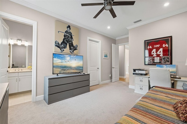 3968 Santa Caterina Blvd, Bradenton, FL 34211 - bedroom with light colored carpet, crown molding, recessed lighting, ensuite bath, and a ceiling fan