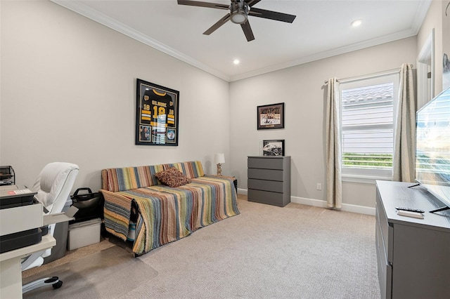 3968 Santa Caterina Blvd, Bradenton, FL 34211 - bedroom featuring light colored carpet, crown molding, recessed lighting, and a ceiling fan
