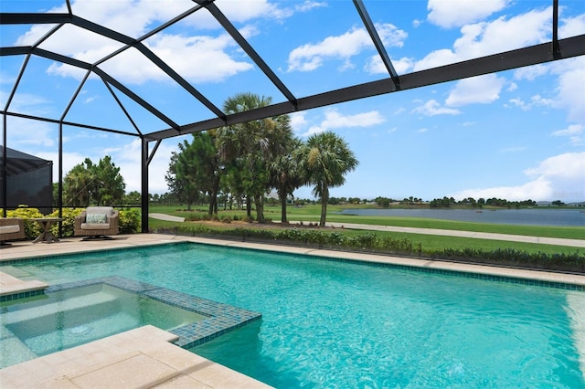 3968 Santa Caterina Blvd, Bradenton, FL 34211 - view of pool featuring a water view, a pool with connected hot tub, a patio, and a lanai