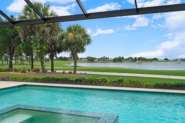 3968 Santa Caterina Blvd, Bradenton, FL 34211 - view of swimming pool with a pool with connected hot tub, a water view, a lanai, view of golf course, and a yard