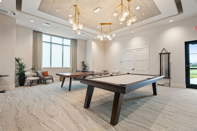 3968 Santa Caterina Blvd, Bradenton, FL 34211 - playroom with a raised ceiling, carpet floors, a chandelier, billiards table, and recessed lighting