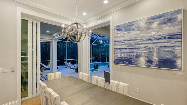 1530 Pine Bay Dr, Sarasota, FL 34231 - unfurnished dining area featuring a chandelier, ornamental molding, recessed lighting, and a sunroom