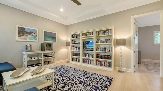 1530 Pine Bay Dr, Sarasota, FL 34231 - office space with wood finished floors, crown molding, recessed lighting, and ceiling fan