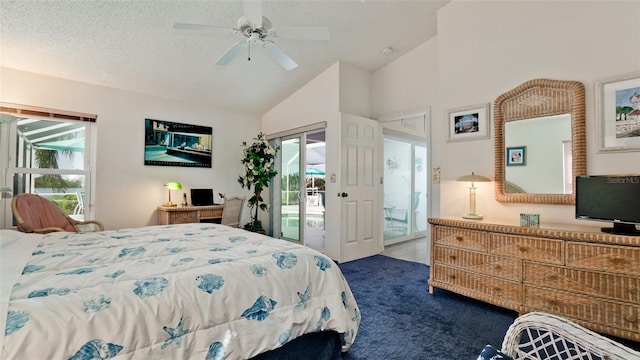 5078 47th St W, Bradenton, FL 34210 - carpeted bedroom featuring access to exterior, lofted ceiling, multiple windows, and ceiling fan