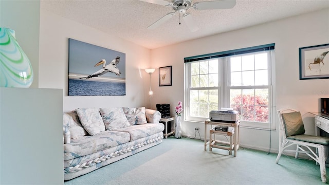 5078 47th St W, Bradenton, FL 34210 - carpeted living room with a textured ceiling and ceiling fan
