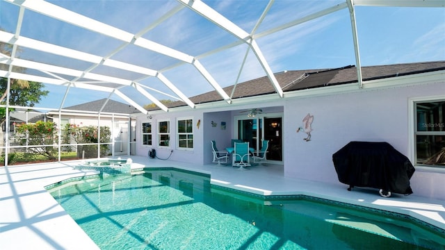 5078 47th St W, Bradenton, FL 34210 - view of pool featuring a patio, a ceiling fan, a lanai, a pool with connected hot tub, and a grill
