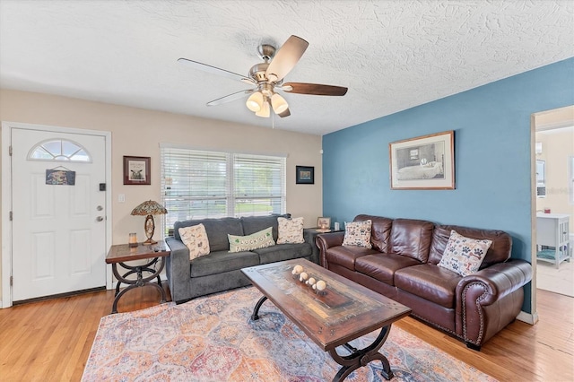 401 N Jefferson Ave, Sarasota, FL 34237 - living area featuring a ceiling fan, light wood-style floors, and a textured ceiling