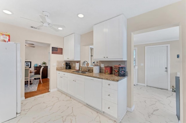 401 N Jefferson Ave, Sarasota, FL 34237 - kitchen featuring white appliances, light marble finish floors, white cabinetry, a ceiling fan, and recessed lighting