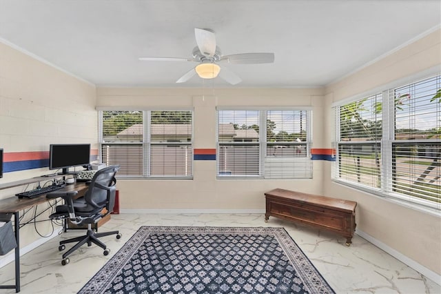 401 N Jefferson Ave, Sarasota, FL 34237 - office space featuring marble look tiles, healthy amount of natural light, ornamental molding, and a ceiling fan