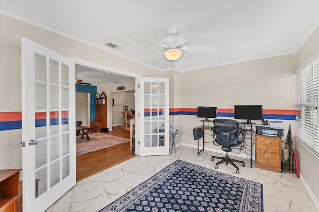 401 N Jefferson Ave, Sarasota, FL 34237 - office with french doors, marble finish floors, ceiling fan, and ornamental molding