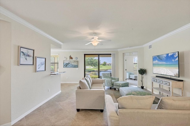 6512 Grand Estuary Trl Unit 101, Bradenton, FL 34212 - living area featuring ornamental molding, light tile patterned floors, and a ceiling fan