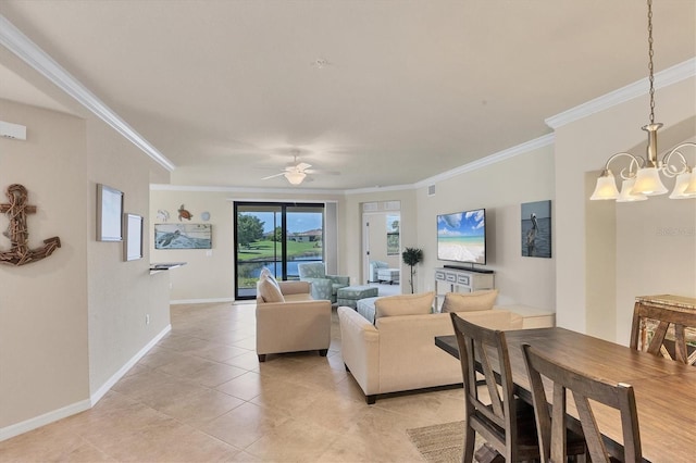 6512 Grand Estuary Trl Unit 101, Bradenton, FL 34212 - living room featuring ornamental molding, a chandelier, light tile patterned flooring, and a ceiling fan