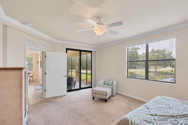 6512 Grand Estuary Trl Unit 101, Bradenton, FL 34212 - bedroom featuring access to outside, crown molding, light carpet, and ceiling fan