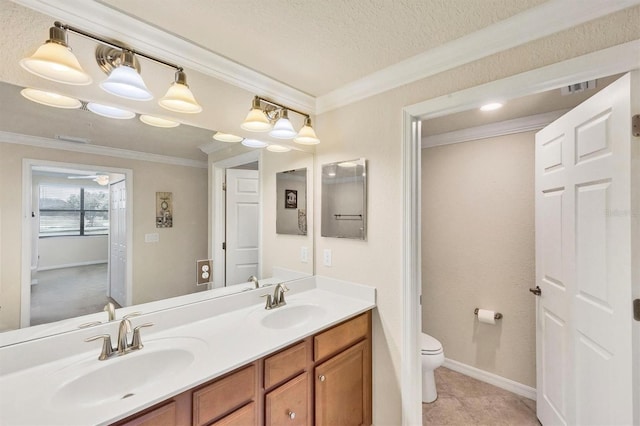 6512 Grand Estuary Trl Unit 101, Bradenton, FL 34212 - full bathroom featuring ornamental molding, double vanity, ceiling fan, and a textured ceiling