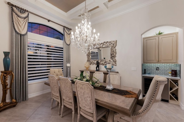 5804 Mulligan Way, Lakewood Ranch, FL 34211 - dining area with a chandelier, coffered ceiling, crown molding, light tile patterned floors, and beam ceiling