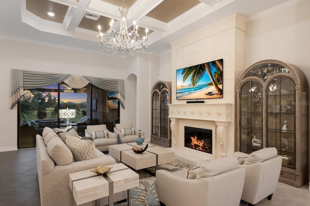 5804 Mulligan Way, Lakewood Ranch, FL 34211 - tiled living area featuring ornamental molding, a chandelier, coffered ceiling, beamed ceiling, and a fireplace