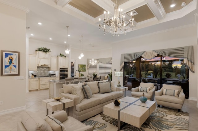 5804 Mulligan Way, Lakewood Ranch, FL 34211 - living room with a chandelier, light tile patterned floors, ornamental molding, coffered ceiling, and a towering ceiling