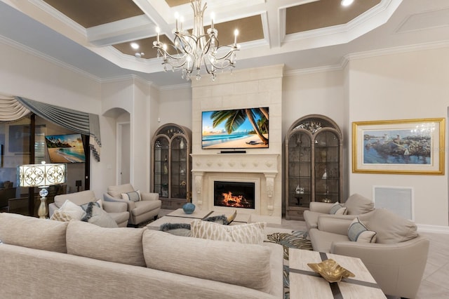 5804 Mulligan Way, Lakewood Ranch, FL 34211 - living room with coffered ceiling, crown molding, a chandelier, beamed ceiling, and a tile fireplace