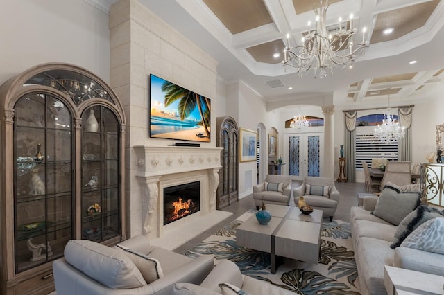 5804 Mulligan Way, Lakewood Ranch, FL 34211 - living room featuring a chandelier, coffered ceiling, ornamental molding, arched walkways, and beamed ceiling