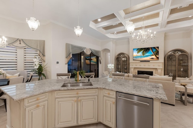 5804 Mulligan Way, Lakewood Ranch, FL 34211 - kitchen with cream cabinets, dishwasher, a chandelier, open floor plan, and coffered ceiling