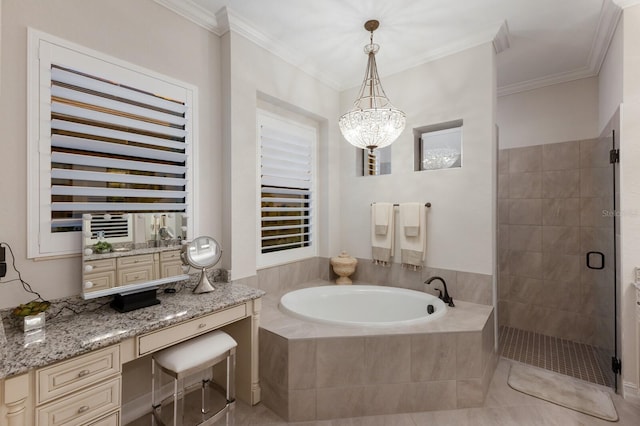 5804 Mulligan Way, Lakewood Ranch, FL 34211 - bathroom featuring a garden tub, a shower stall, a chandelier, crown molding, and tile patterned floors