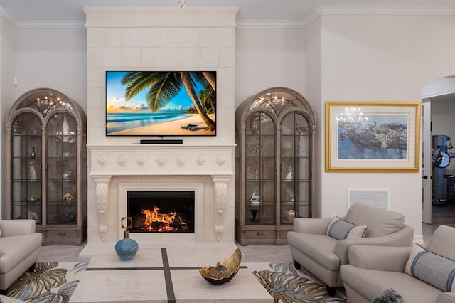 5804 Mulligan Way, Lakewood Ranch, FL 34211 - living area with a large fireplace and ornamental molding
