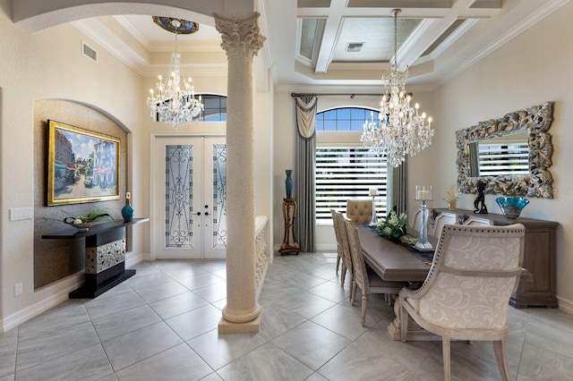 5804 Mulligan Way, Lakewood Ranch, FL 34211 - tiled entryway with a chandelier, french doors, crown molding, arched walkways, and a towering ceiling