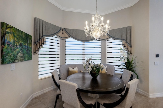 5804 Mulligan Way, Lakewood Ranch, FL 34211 - dining area with light tile patterned floors, a chandelier, and ornamental molding