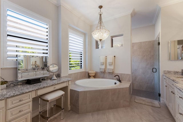 5804 Mulligan Way, Lakewood Ranch, FL 34211 - full bathroom featuring a shower stall, a bath, crown molding, vanity, and a chandelier
