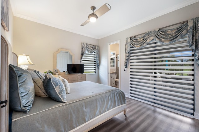 5804 Mulligan Way, Lakewood Ranch, FL 34211 - bedroom featuring ornamental molding, wood finished floors, ceiling fan, and connected bathroom