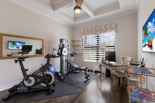 5804 Mulligan Way, Lakewood Ranch, FL 34211 - exercise room with coffered ceiling, crown molding, ceiling fan, and wood finished floors