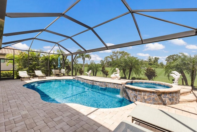 5804 Mulligan Way, Lakewood Ranch, FL 34211 - view of swimming pool featuring a patio, glass enclosure, and a pool with connected hot tub