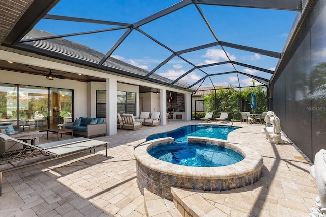 5804 Mulligan Way, Lakewood Ranch, FL 34211 - view of pool with an outdoor living space, ceiling fan, a patio, and a lanai