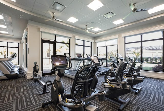 5804 Mulligan Way, Lakewood Ranch, FL 34211 - exercise room with a ceiling fan, a paneled ceiling, carpet floors, and a raised ceiling