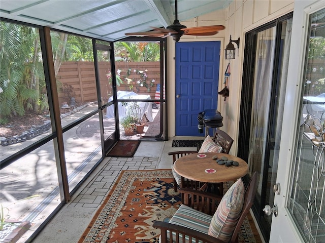 2411 Quail Ct, Bradenton, FL 34209 - sunroom with ceiling fan, lofted ceiling, and healthy amount of natural light