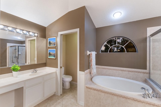 4410 67th Avenue Cir E, Sarasota, FL 34243 - bathroom with a garden tub, vanity, a stall shower, tile patterned flooring, and lofted ceiling