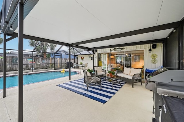 6002 34th Ave W, Bradenton, FL 34209 - view of swimming pool with a patio, an outdoor living space, area for grilling, and glass enclosure
