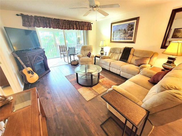 6507 Stone River Rd Unit 302, Bradenton, FL 34203 - living room with wood finished floors and a ceiling fan