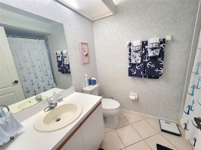 6507 Stone River Rd Unit 302, Bradenton, FL 34203 - bathroom with vanity, tile patterned flooring, curtained shower, and wallpapered walls
