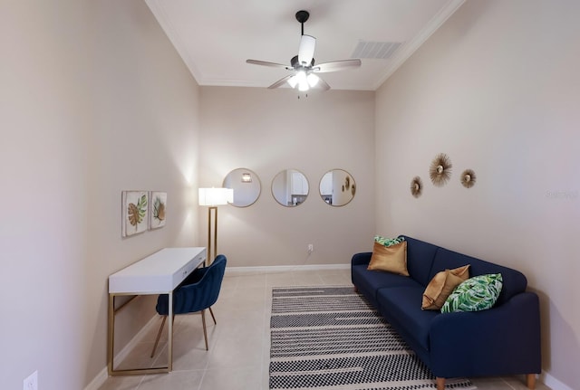 13714 Messina Loop Unit 202, Bradenton, FL 34211 - living room featuring ornamental molding, ceiling fan, and light tile patterned floors