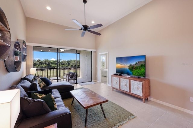 13714 Messina Loop Unit 202, Bradenton, FL 34211 - living area featuring light tile patterned floors, a ceiling fan, high vaulted ceiling, and recessed lighting
