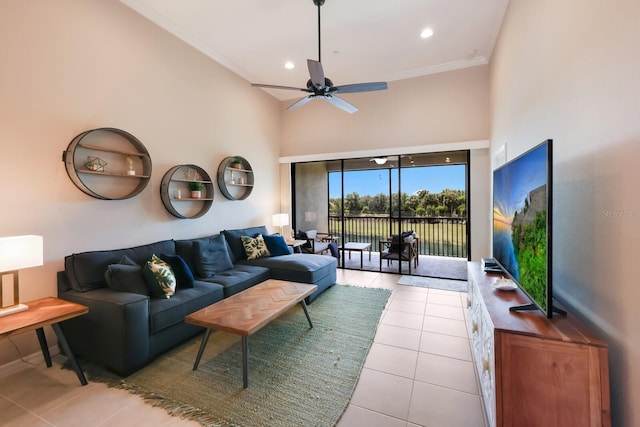 13714 Messina Loop Unit 202, Bradenton, FL 34211 - tiled living room with ceiling fan, crown molding, and recessed lighting
