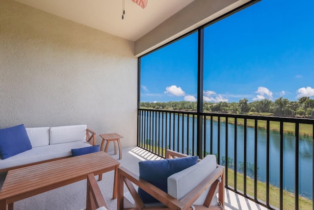 13714 Messina Loop Unit 202, Bradenton, FL 34211 - balcony with an outdoor hangout area, a water view, and ceiling fan