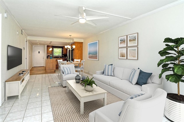3985 Maceachen Blvd Unit 224, Sarasota, FL 34233 - living room with ornamental molding, a chandelier, and a ceiling fan