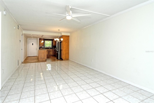 3985 Maceachen Blvd Unit 224, Sarasota, FL 34233 - unfurnished living room featuring ornamental molding, a chandelier, ceiling fan, and light tile patterned flooring