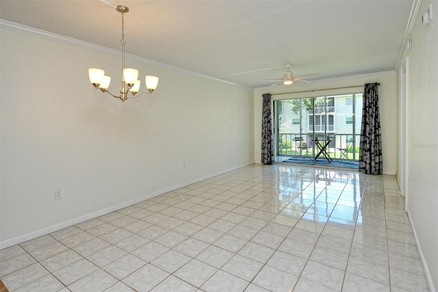 3985 Maceachen Blvd Unit 224, Sarasota, FL 34233 - spare room with ornamental molding, light tile patterned floors, a chandelier, and ceiling fan