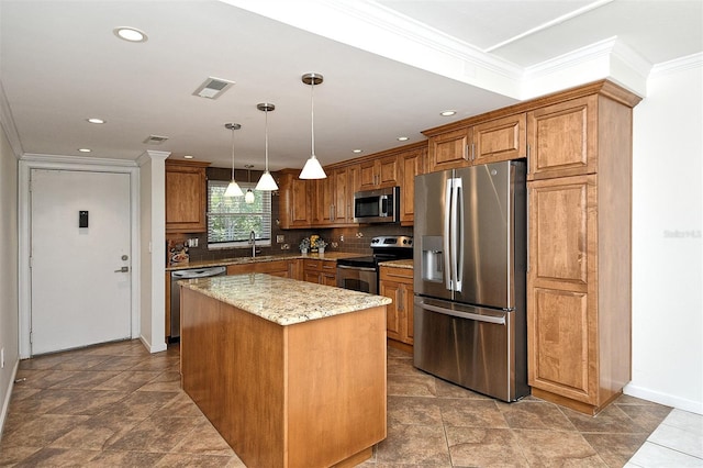 3985 Maceachen Blvd Unit 224, Sarasota, FL 34233 - kitchen featuring stainless steel appliances, crown molding, brown cabinetry, light stone counters, and backsplash